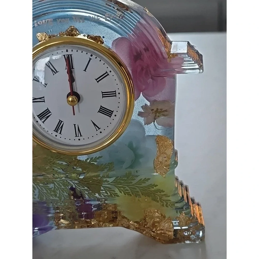 Handmade‎ Resin Desk Clock Decoration Gift Clear With Multi Colored Flowers 733